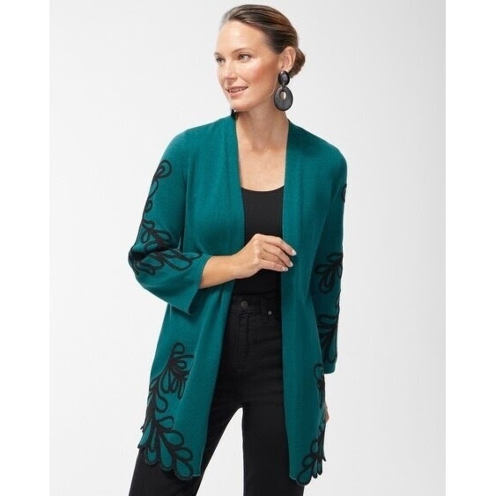 Chicos Soutache Cardigan Sweater Size 2 Large Peacock Teal Black Embroidery Art
